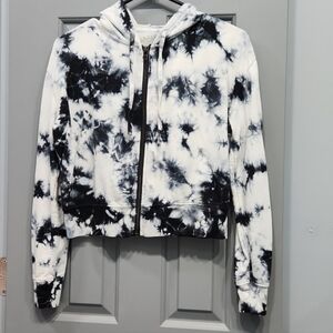 NWOT Sundown by Splendid Black White Tie Dye Full Zip Crop Hoodie Jacket XS